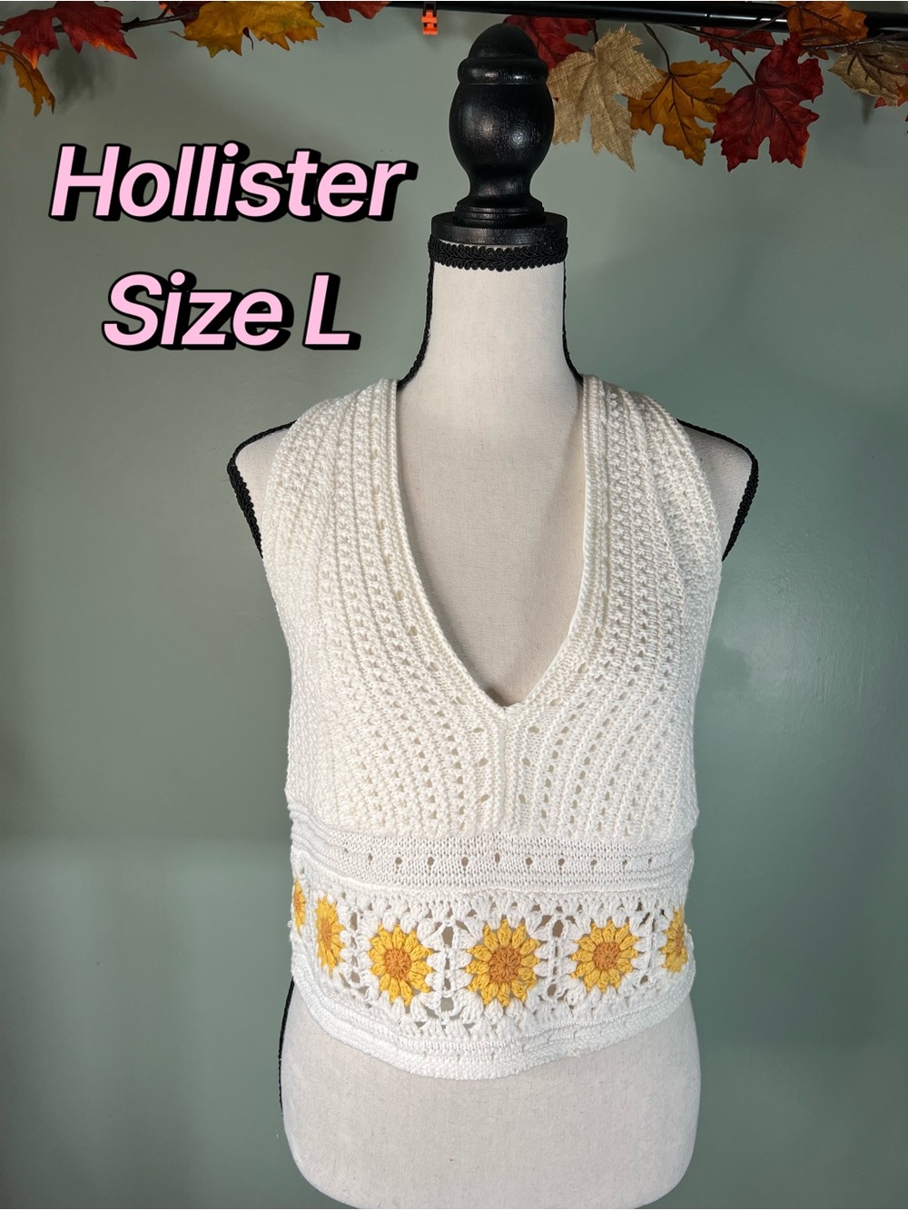 Hollister White Crochet Halter Top with Sunflowers- Size L